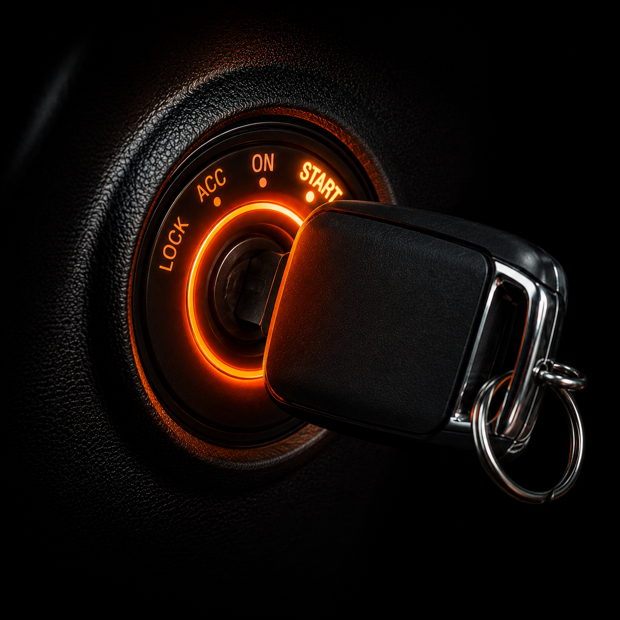 Car ignition key turned to START with orange glow